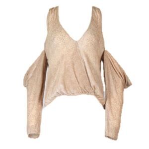 NEW Michelle Mason Silk Burnout Velvet Draped Cold Shoulder Wrap Blouse Beige 6